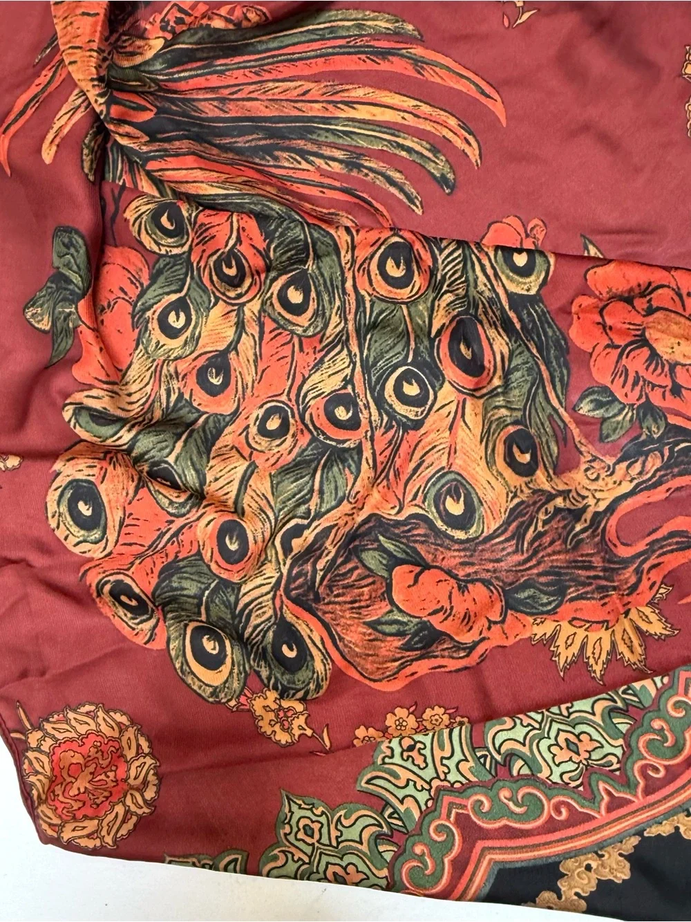 Silk-Feel Peacock Print Scarf in Rich Burgundy and Gold
